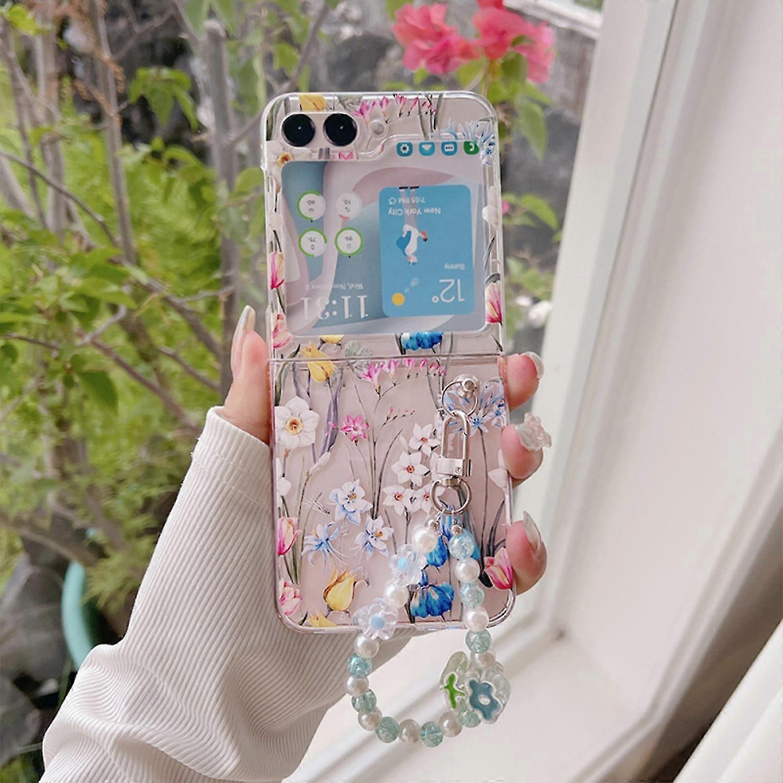 Clear Case for Samsung Galaxy Z Flip 5 with Wrist Strap, Fashion Flower Case Galaxy Z Flip 5, Hard PC Shockproof Case Galaxy Z Flip 5 5G