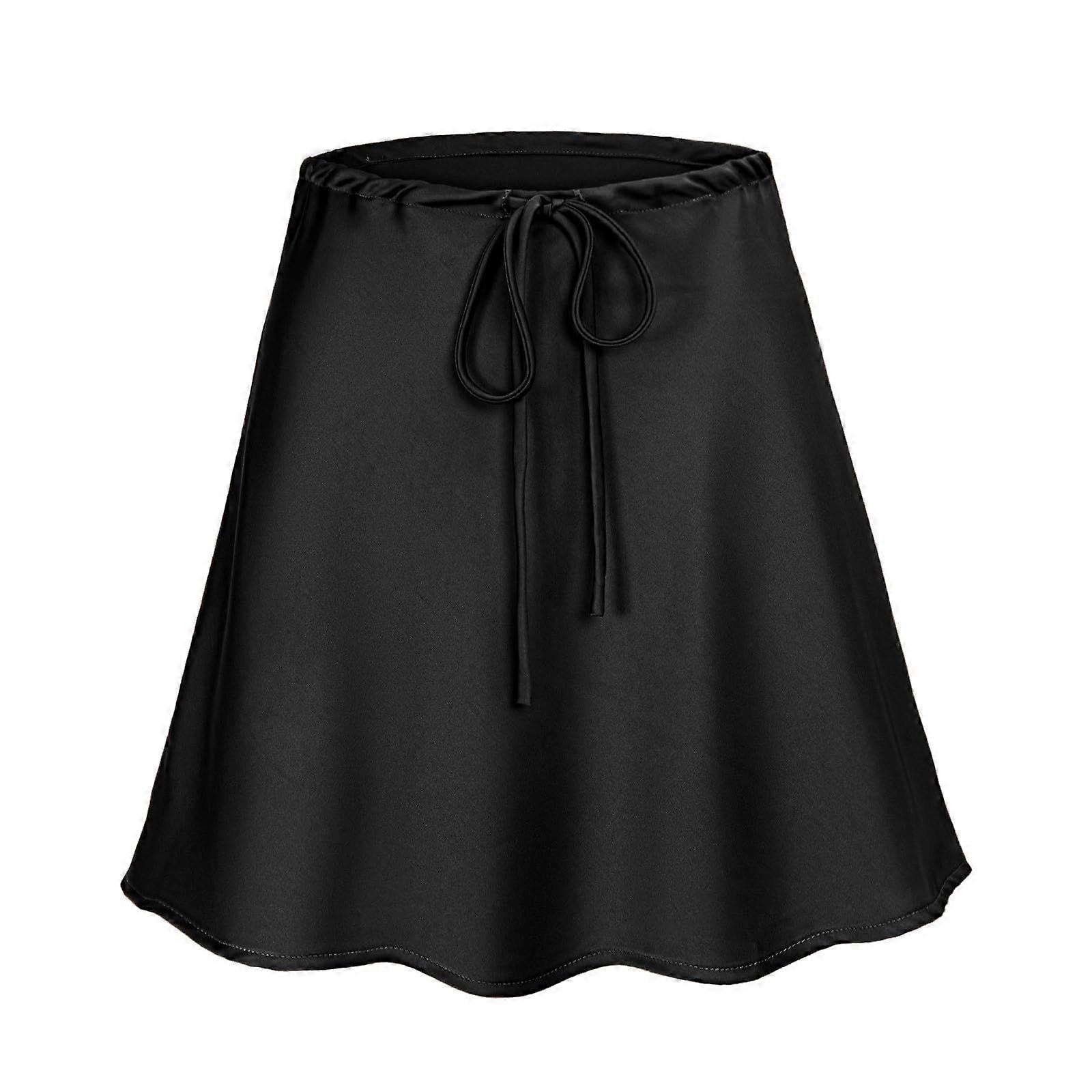 Women's Satin Skirt Black Short Wrap, High-Waist A-Line Mini, Ruffle Flared Style, Light Airy Summer Casual Size M
