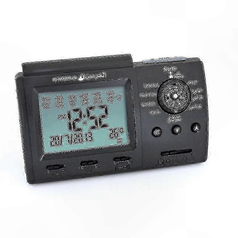 Black Table Clock with Islamic Prayer Alarm and Azan Feature for Desktop Use