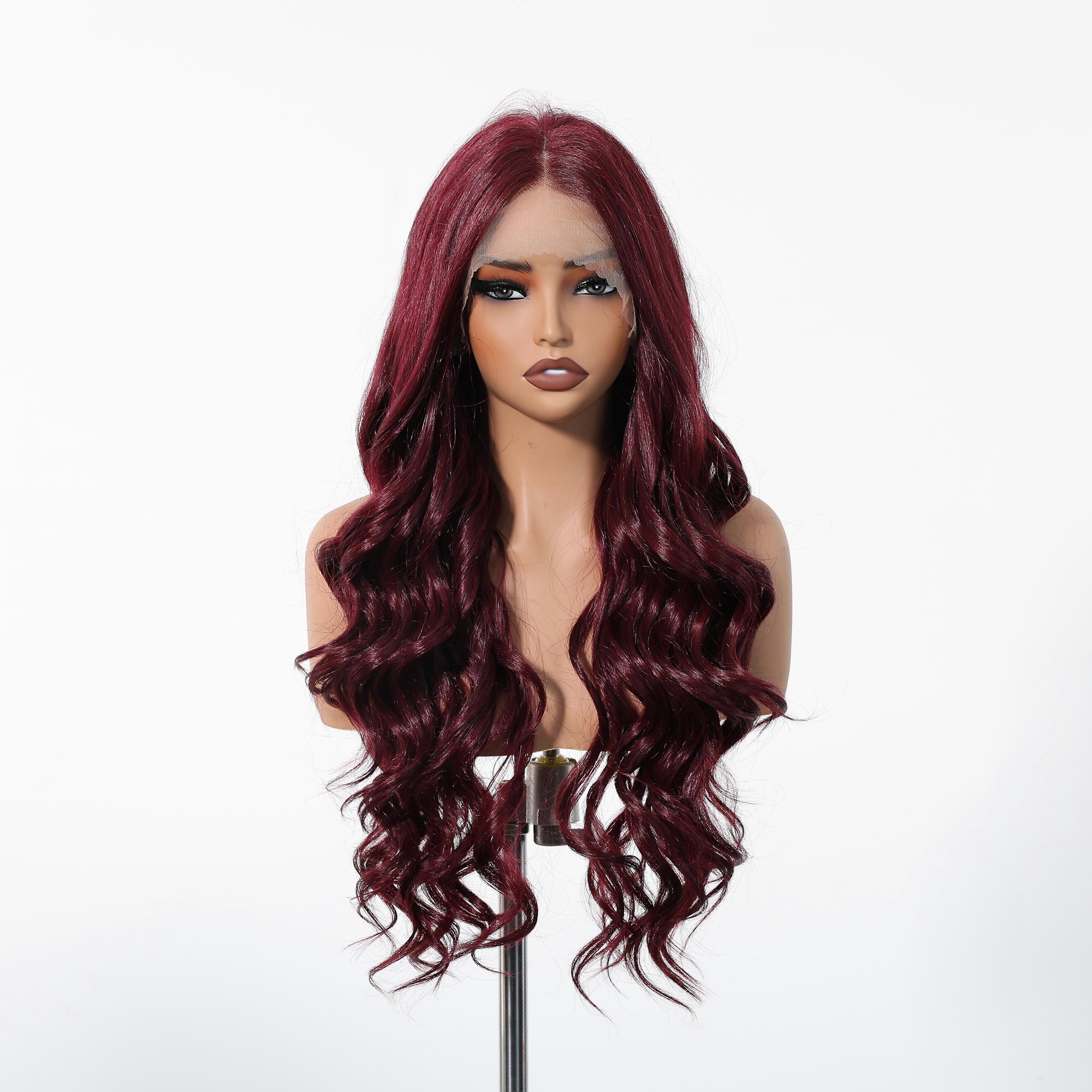 Burgundy Red 13x6 Free Parting Natural Long Natural Wavy Wig for Office Ladies - Heat-Resistant Synthetic