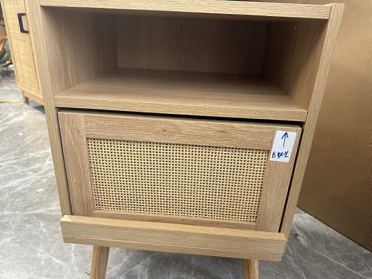Rattan Nightstand with Solid Wood Legs 40x35x55cm Bedside Table