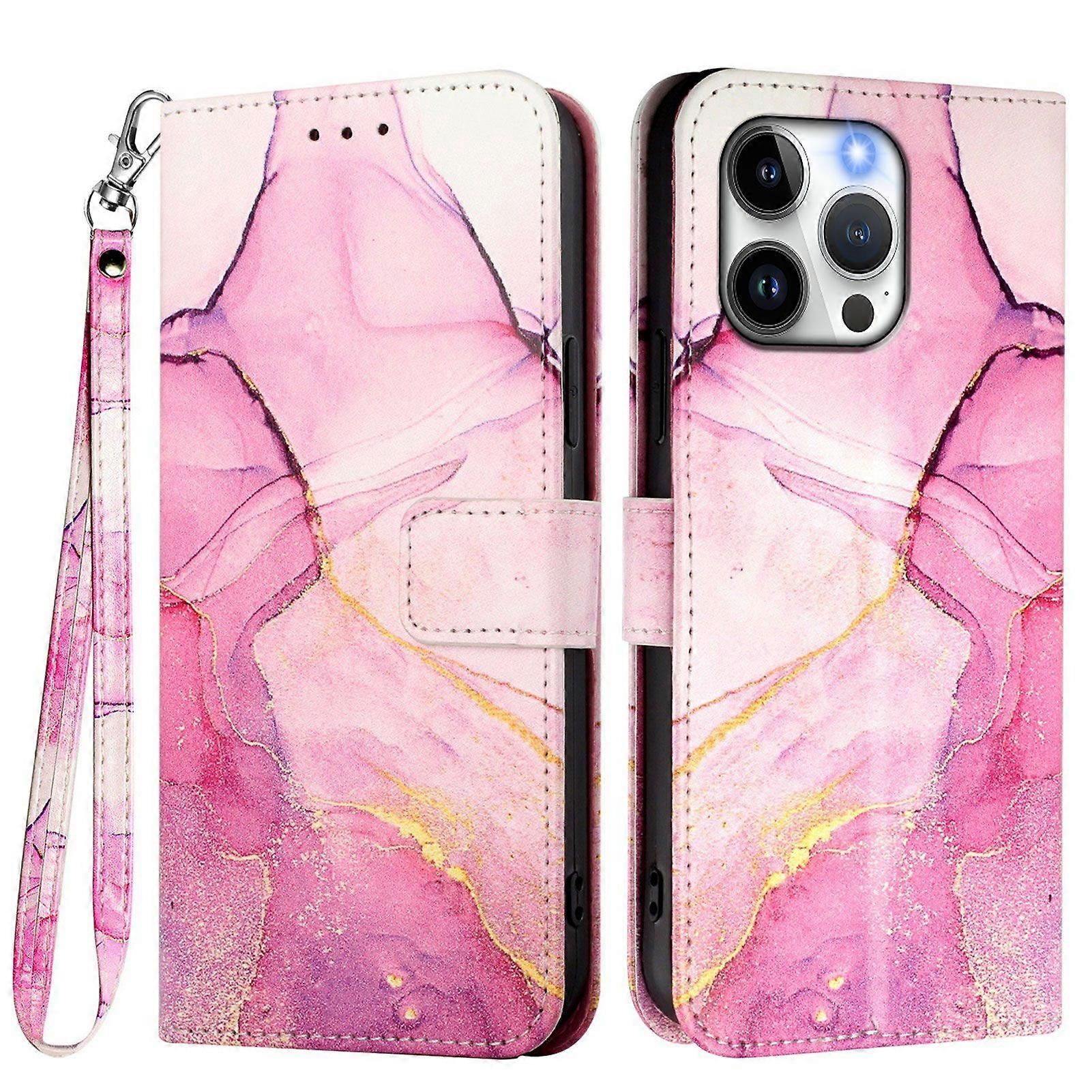 For iPhone 16e Case with Strap Marble Pattern Leather Phone Cover Card Holder