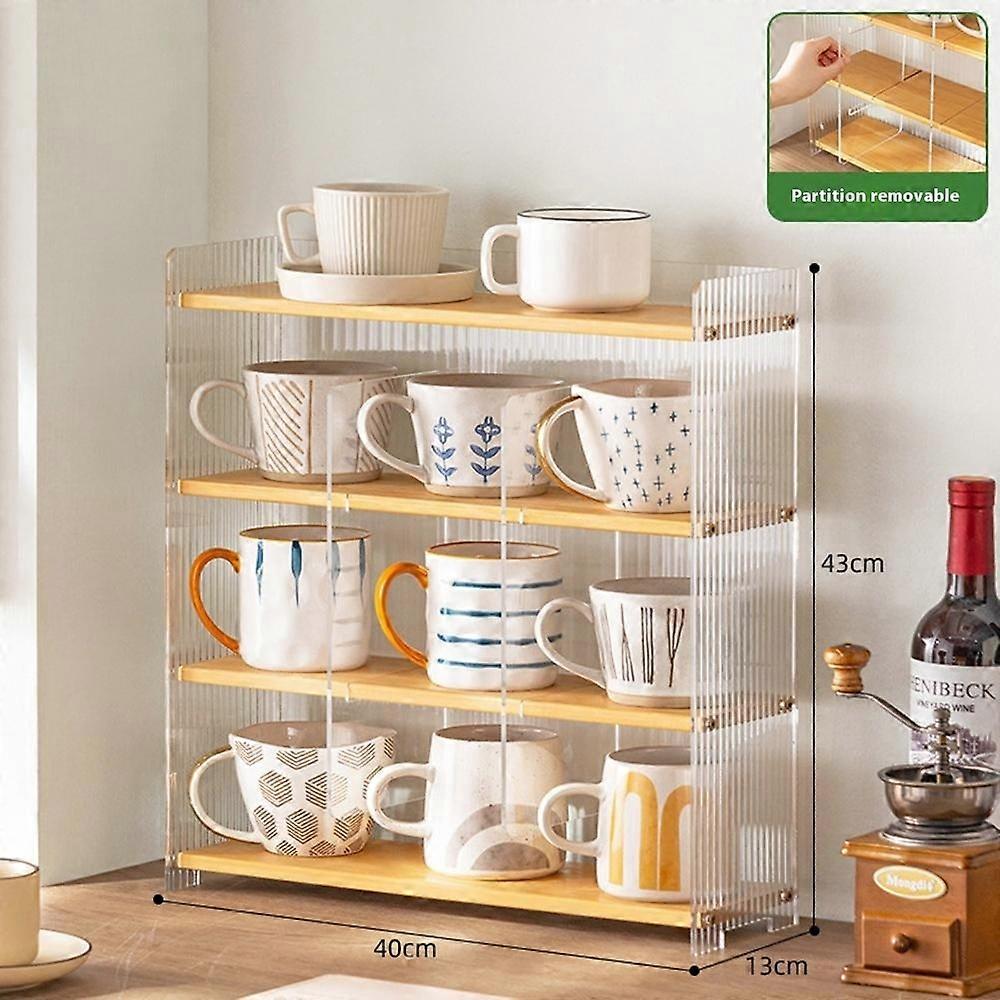 4-Tier 40cm Length Bamboo Cup Storage Rack Transparent Acrylic Organizer Shelf with Removable Divide