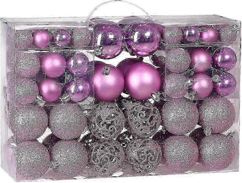 100Pcs Christmas Tree Baubles Set | Xmas Decorations Balls With Hooks | 32x 30mm 36x 40mm 32x 60mm | Pink
