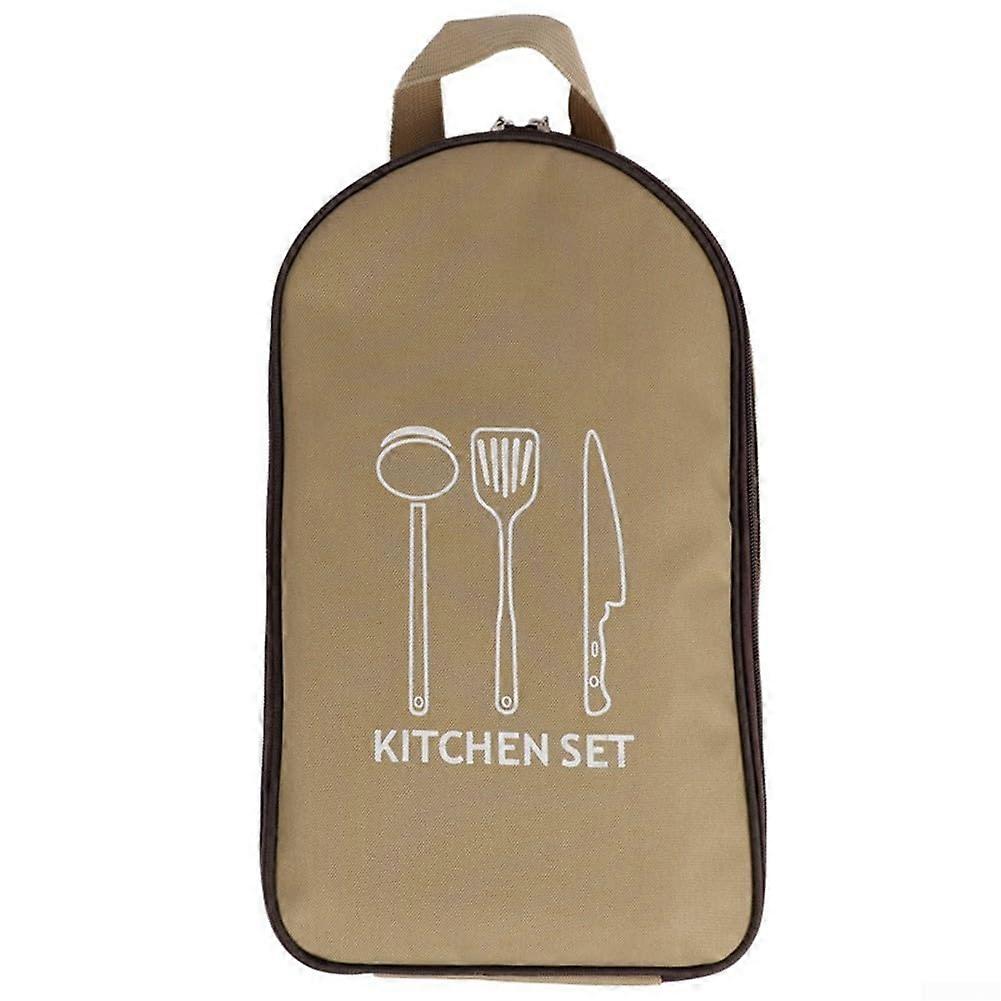 Camping Cooking Utensils Bag Compact Design Beige Nylon With Secure Mesh Pockets