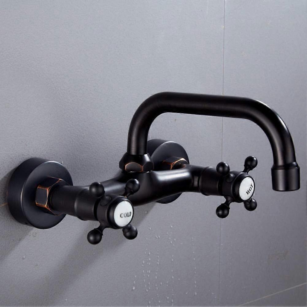 Mop Pond Cold Water Tap, Rotatable WallMounted Brass Faucet With Hose, DoubleHandle Sink Mixer, Black Lacquer Bronze