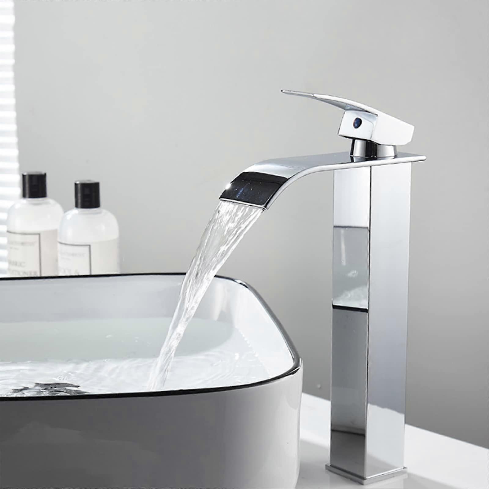 Waterfall Lavatory Faucet, Stainless Steel, Chrome Plated, Single Handle Hot and Cold Waterfall Spout for Basin
