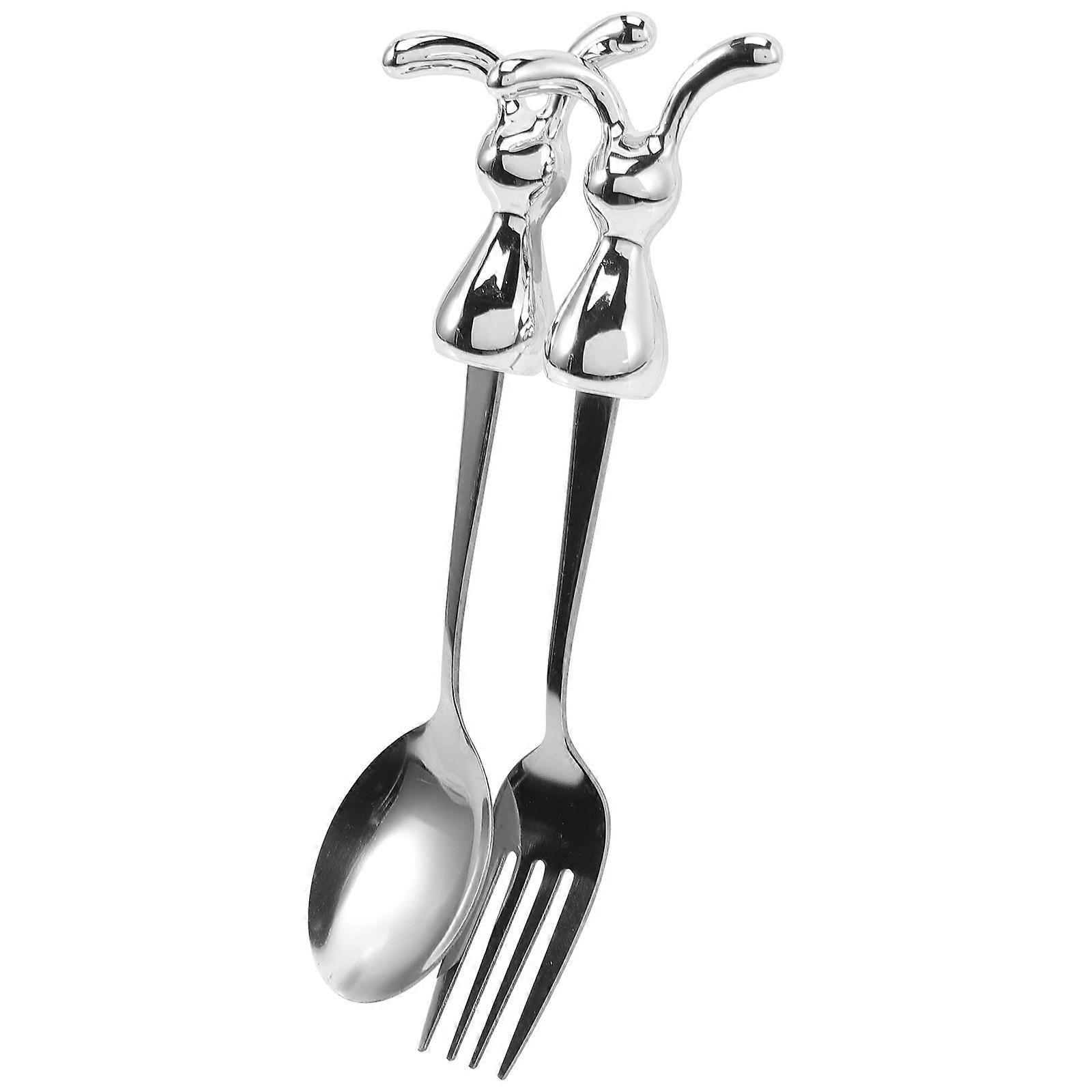 Stainless Steel Fork Spoon Set for Kids Daily Use Outdoor Use Bunny Rabbit Shaped Handle Silver 2Pcs