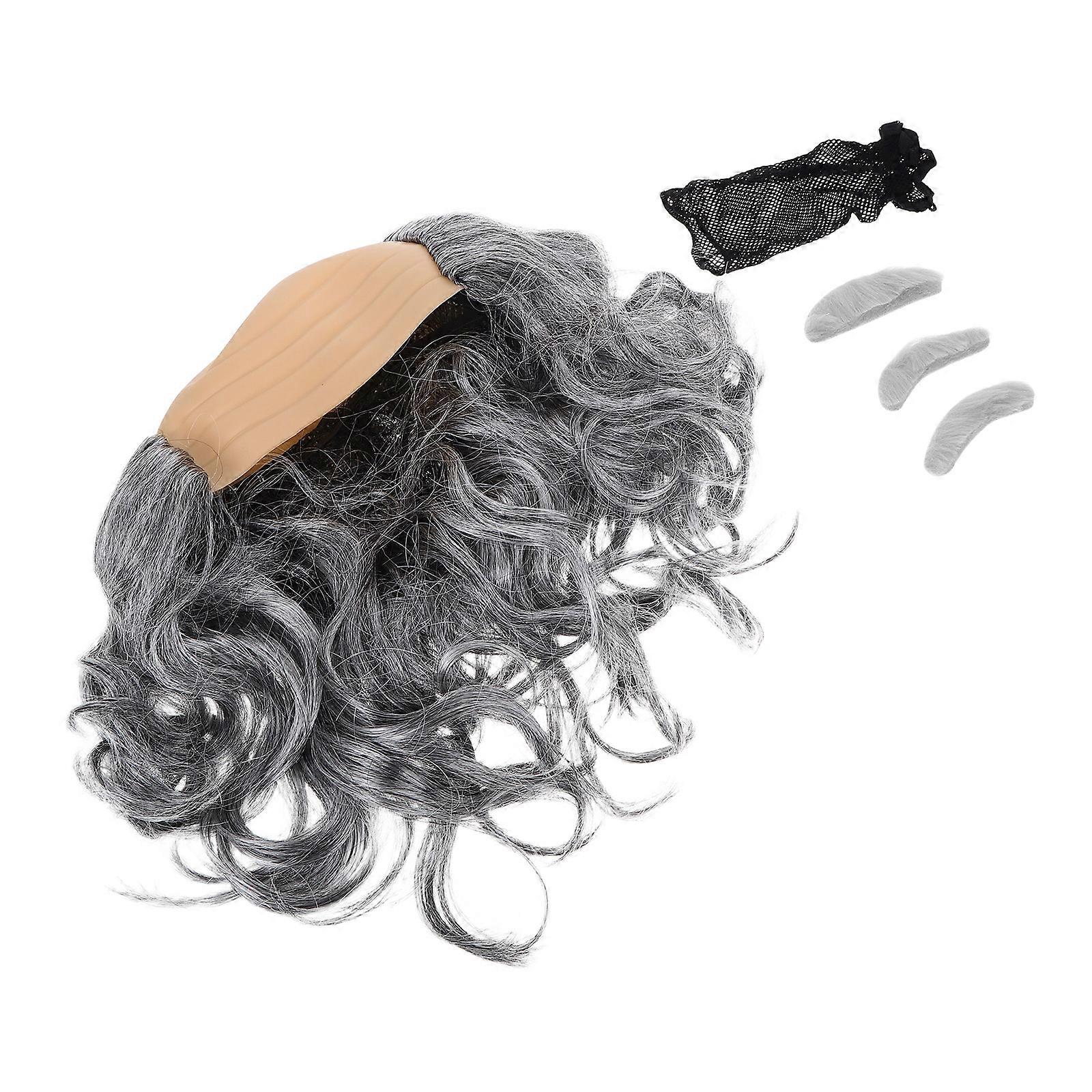 Bald Head Wig and Mustache Set for Halloween Costume 6 Pieces