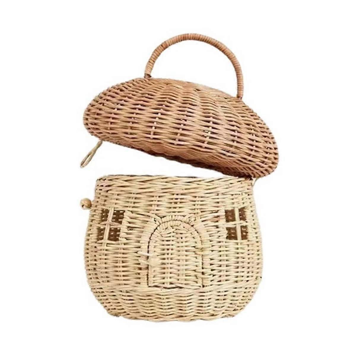 Wicker Storage Basket Large Capacity Mushroom Basket With Lid And Handle Bohemian Style Beige Round