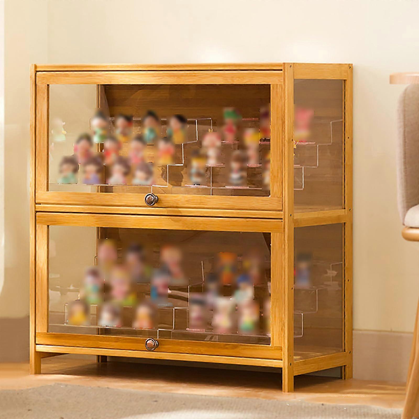 Glass Door Display Cabinet With Storage Shelves Bamboo Frame 27.56in Primary Color Strong Load Bearing