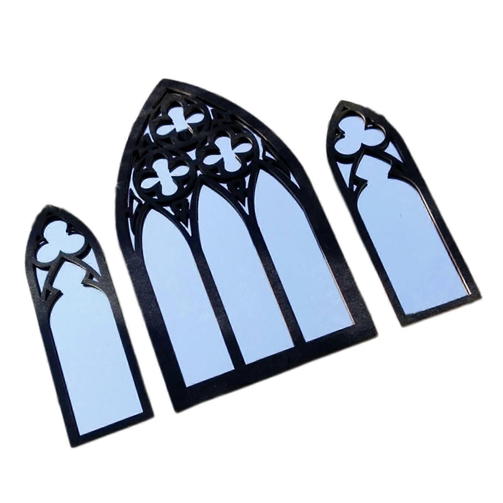 Classical Gothic Window Wall Mirrors Collection 3Pieces Set Wood Framed Arched Cathedral Hanging Mirror for Stylish Home Multicolor
