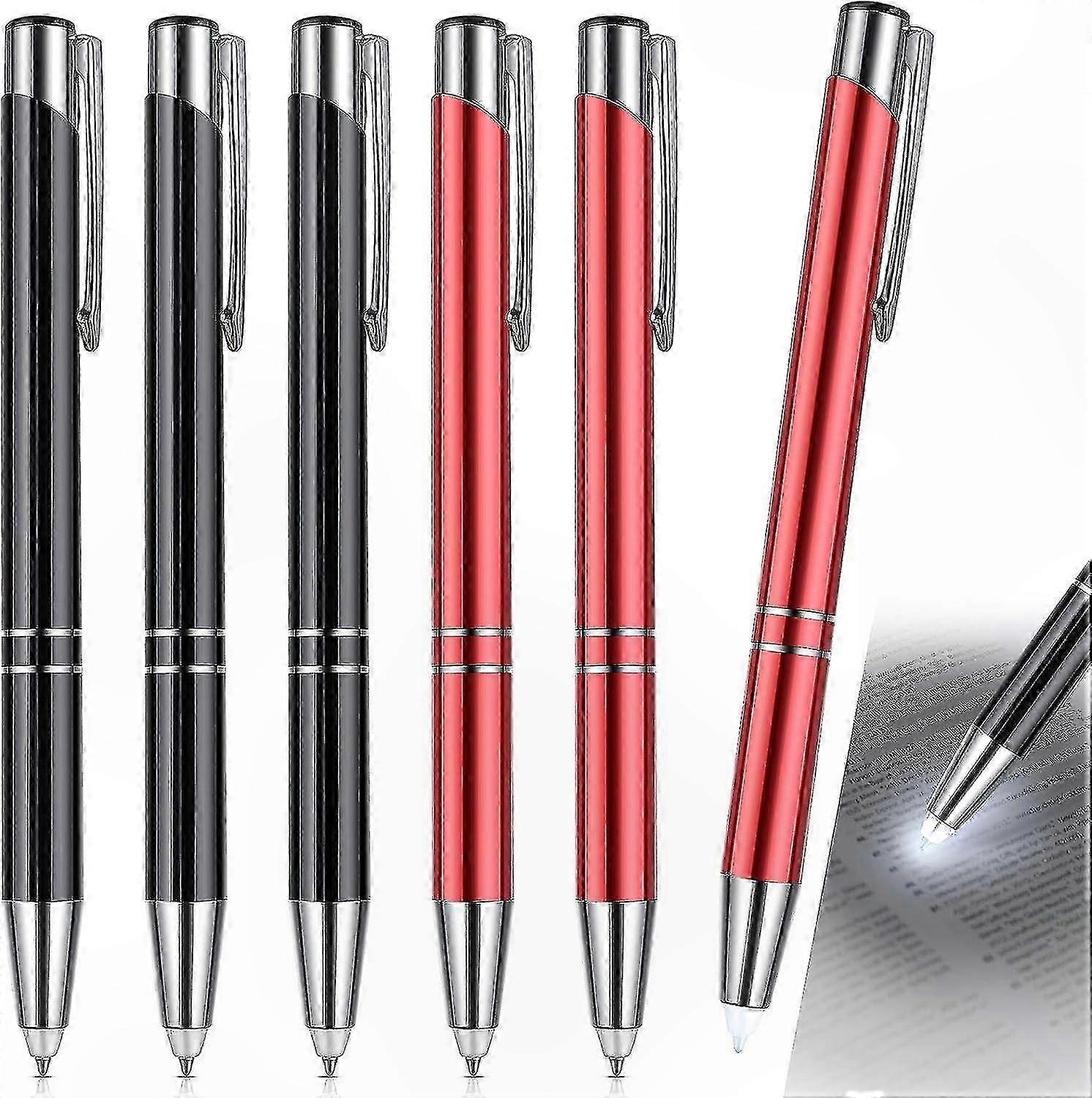 LED Light Up Pen for Writing in Dark, 6-Pack Red & Black Ballpoint Pens with Flashlight Tip