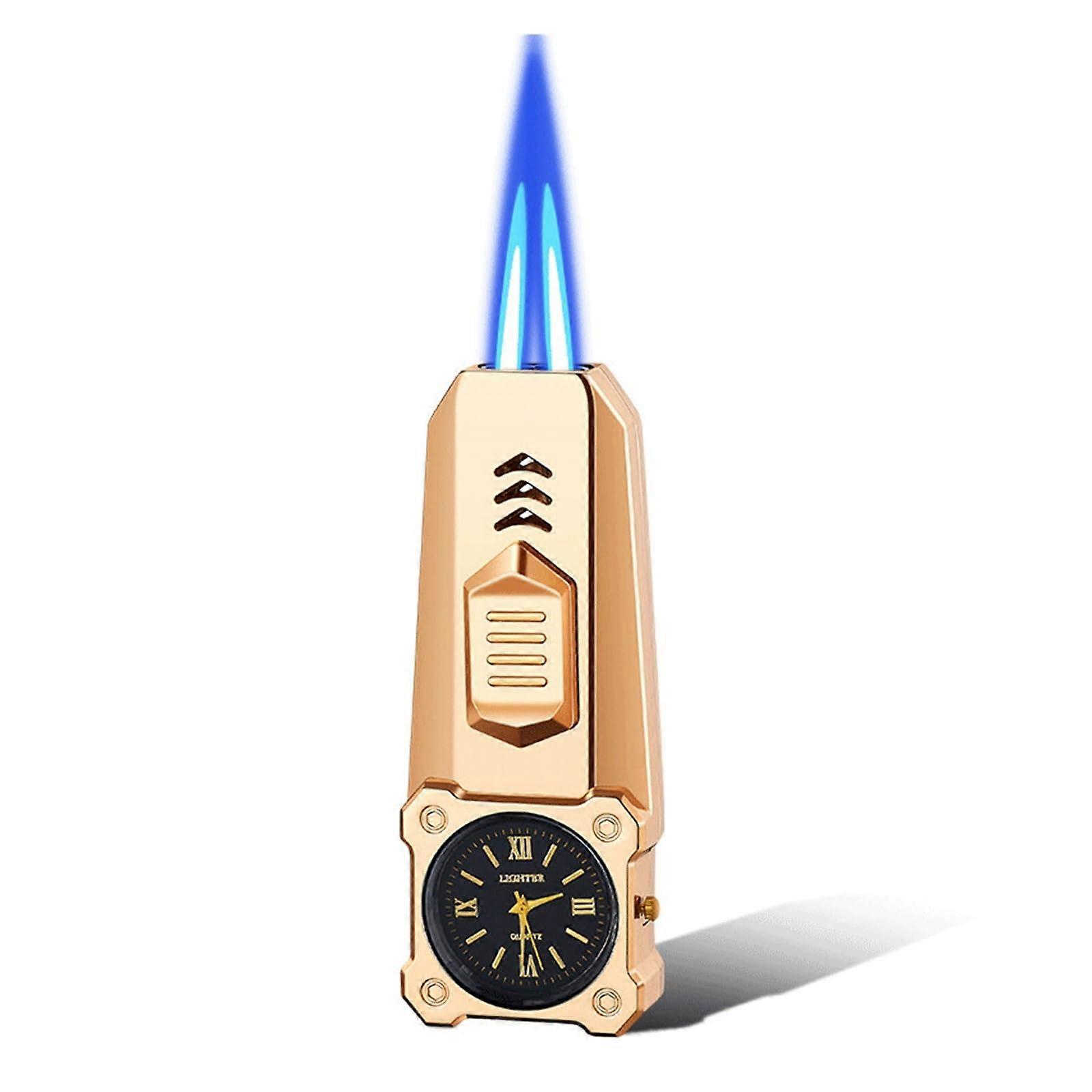 Windproof Dual Flame Blue Flame Torch Butane Lighter Refillable Adjustable Torch With Watch Gold Butane Not Included