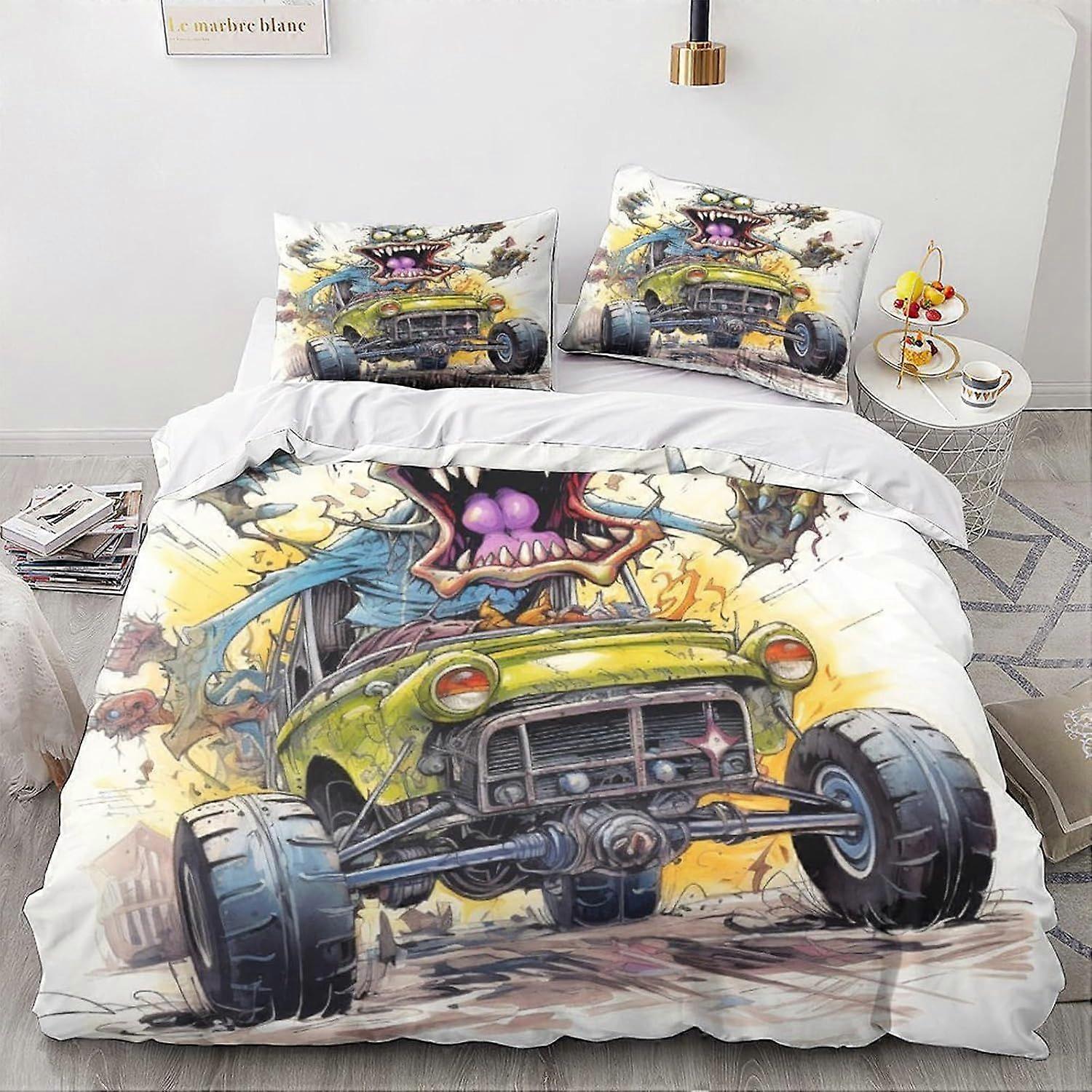 LikeEj monstro edredom capa conjunto, 3D cartoon jogo de cama com fronhas de microfibra & fecho com zíper colcha caso vintage carro impresso efeito duplo
