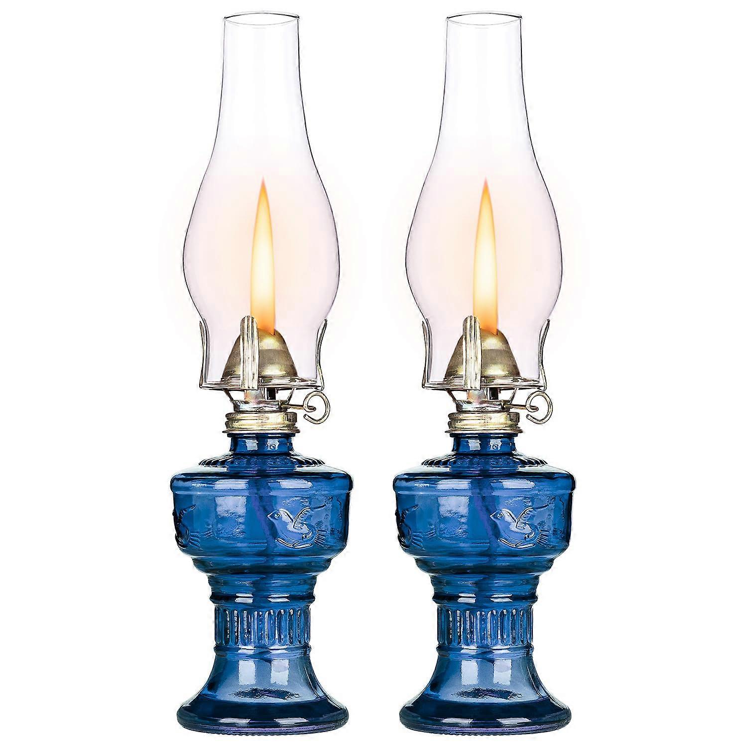 2 Pcs Vintage Glass Oil Lamp Set with Adjustable Flame, Windproof Hurricane Kerosene Lantern for Indoor Decor and Emergency Lighting, 12.6in Blue