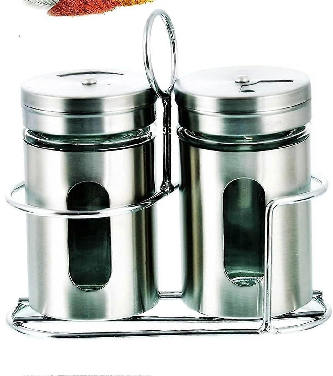 Stainless Steel Salt and Pepper Shaker Set with Stand, Rustproof Spice Jar for Kitchen Table Use