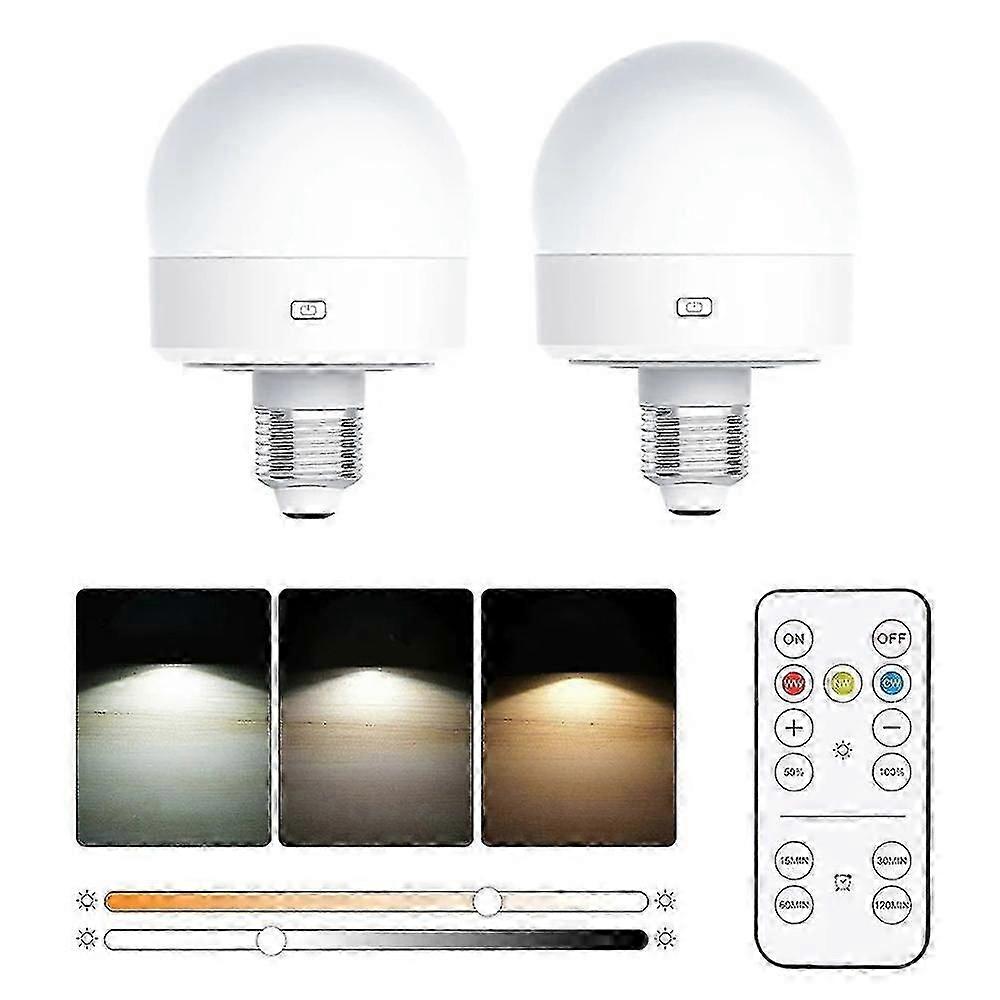 2Pcs E27 Rechargeable Light Bulb 3 Color Temperatures Table Lamp with Remote Timer Shwy