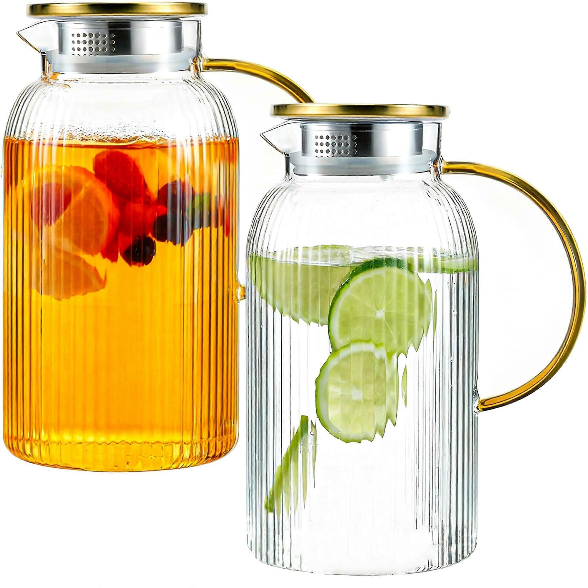 2 Pack 68oz Borosilicate Glass Water Pitcher with Lid, Heat Resistant Carafe, Dual Opening, Filter