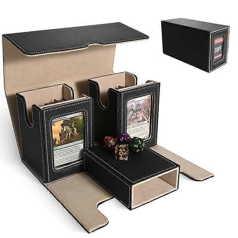 Card Deck Box  with 2 commander display windows, removable card storage box with dice tray, PU leather strong magnet card