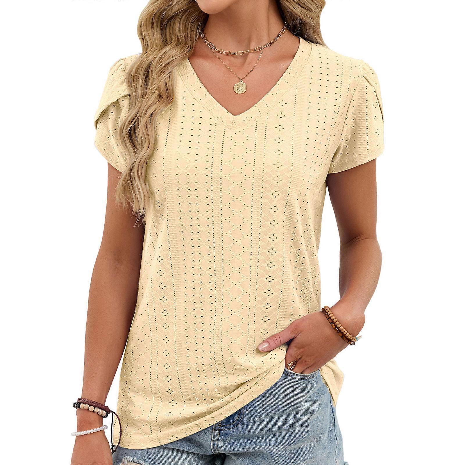 Women's T-shirt with hollowed-out V-neck, loose-fitting short-sleeved top, casual  beach vacation wear  Yellow XL