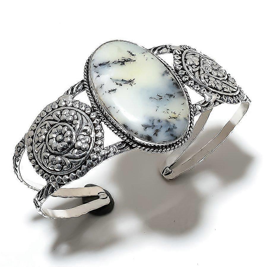Natural Dendrite Opal Gemstone 925 Sterling Silver Cuff Bangle Adjustable i1I16