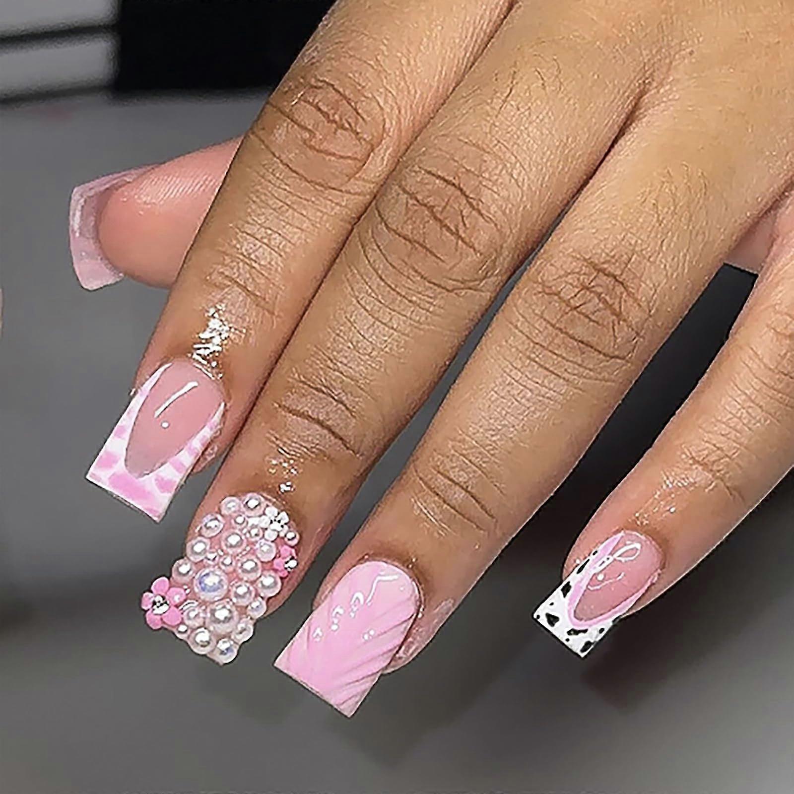 Pink Press On Nails Set with French Tip and Leopard Design, Reusable Full Coverage Manicure