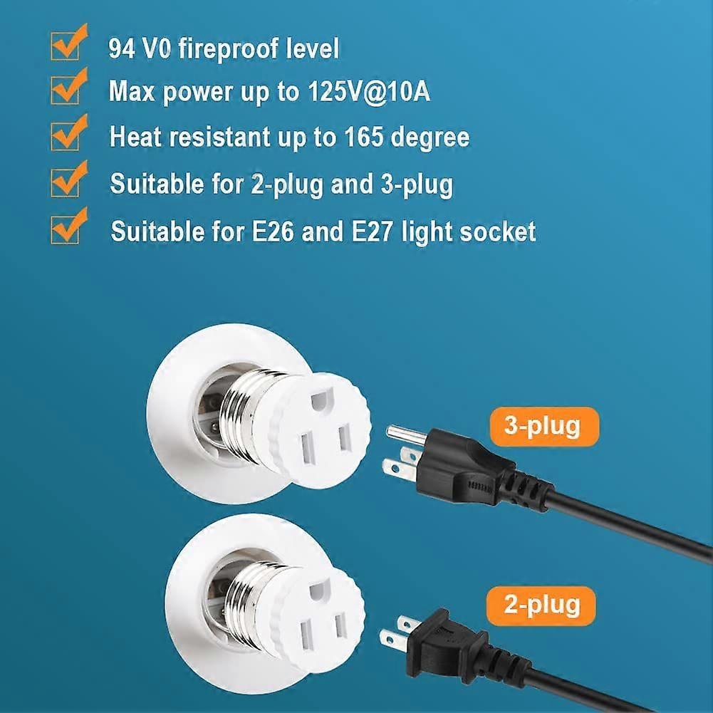 Light Socket to Plug Adapter (2 Pack) - Convert Light Bulb Socket to Outlet Adapter (White)