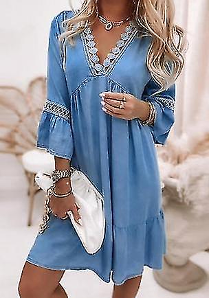 レディースボヘミアン三分袖ミニドレスゆったりウエスト春秋フレアスリーブVネックプリントレディースプリンセスドレス