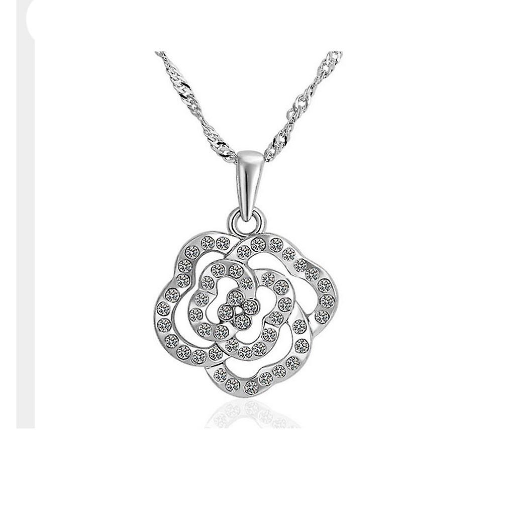 Womens Silver Cubic Zirconia Flower Pendant Necklace Crystal Stones
