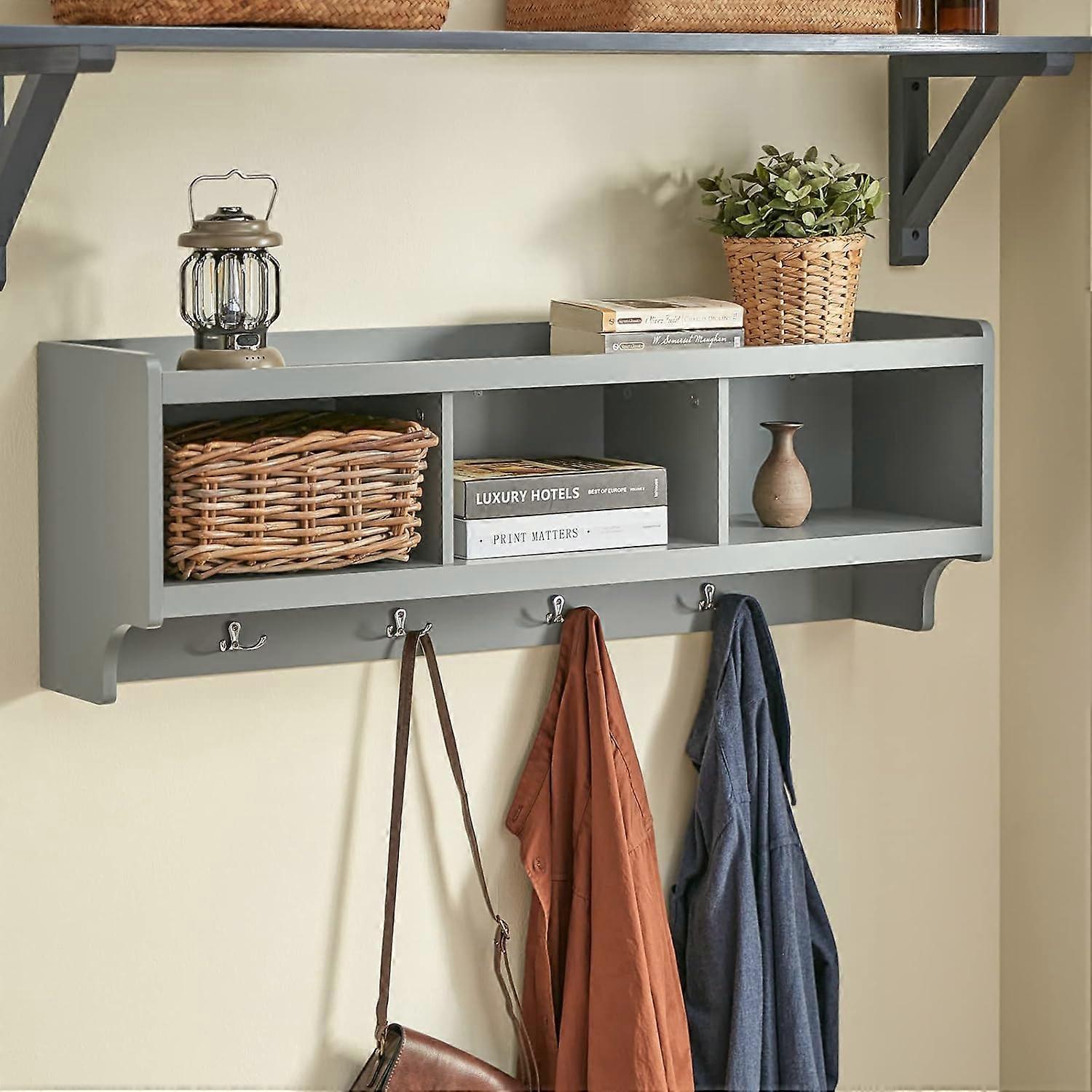SoBuy Wandkapstok - Muur/Wand Kapstok - Wandplank - Entree Kleedkamer Meubels - Badkamermeubel met 4 Compartimenten en 5 Dubbele Haken - Metaal en Hout - 73x16x28 cm - FHK25-N