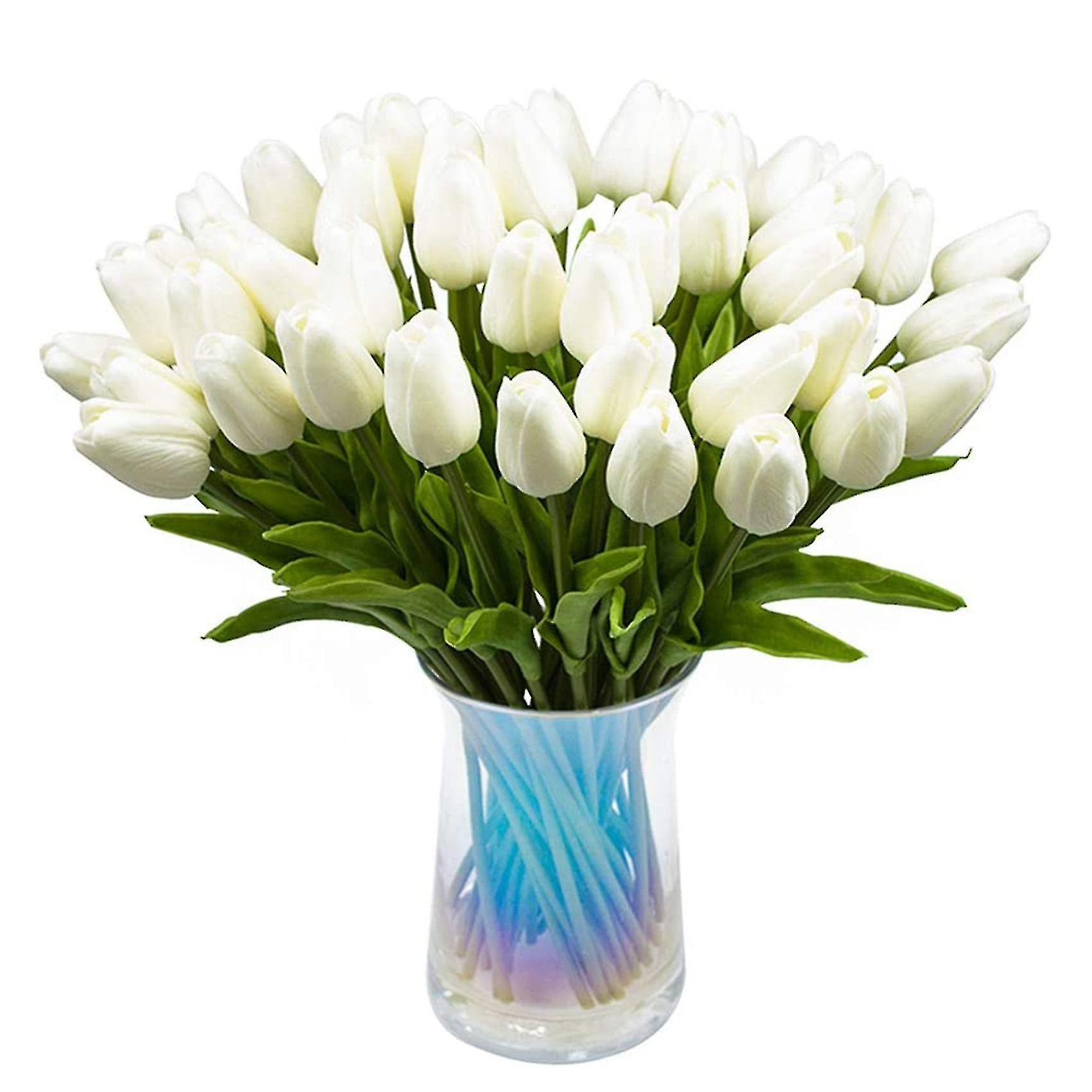 Künstliche Tulpen, fühlt sich echt an, Pu-Blumenstrauß, Latexblume, weiß, 30 Stück (weiß)
