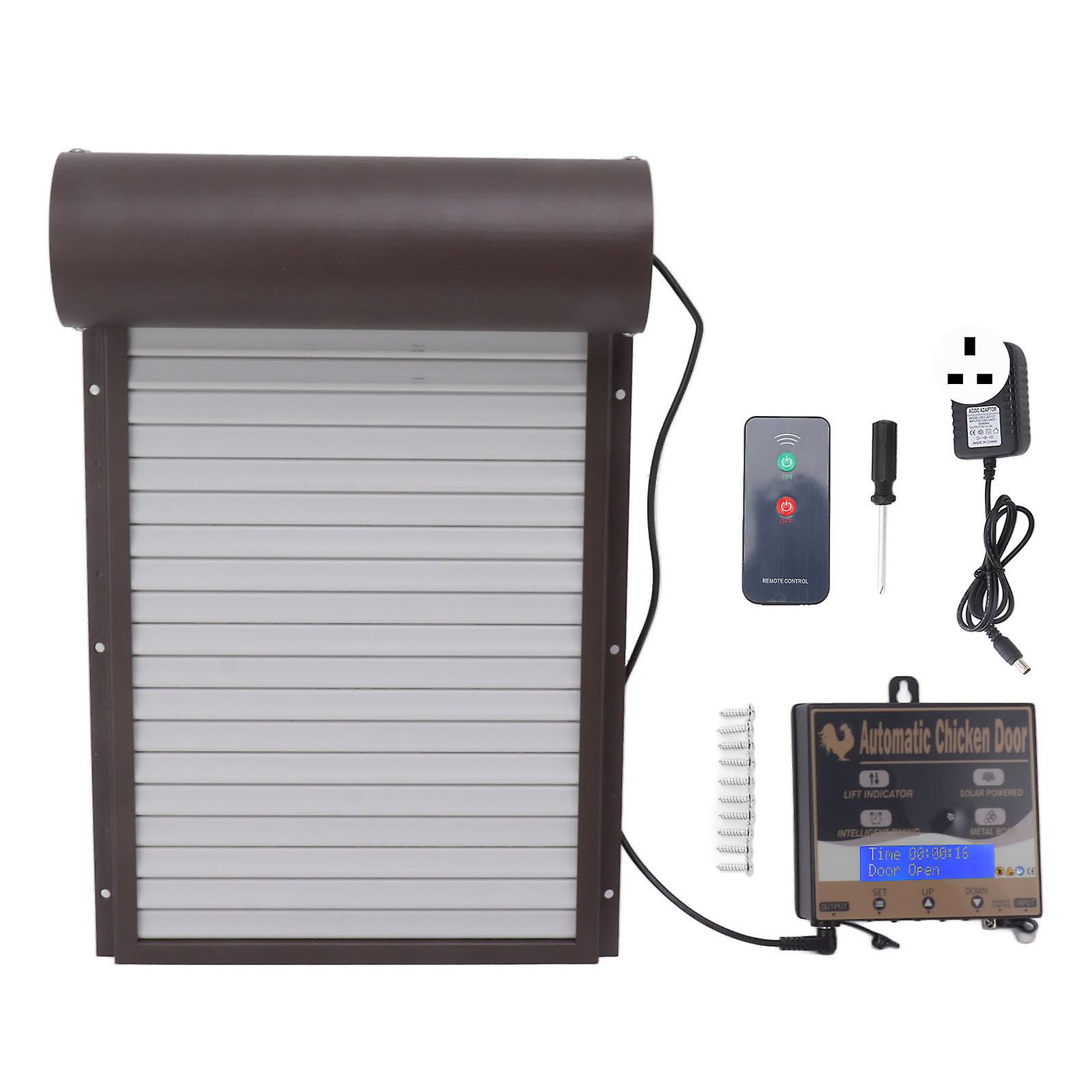 Automatische Hühnerstall Tür Licht Sensor Timer Fernbedienung Metall Rollladentür für Geflügelfarm 100-240V UK Stecker Braun 3-in-1 Design