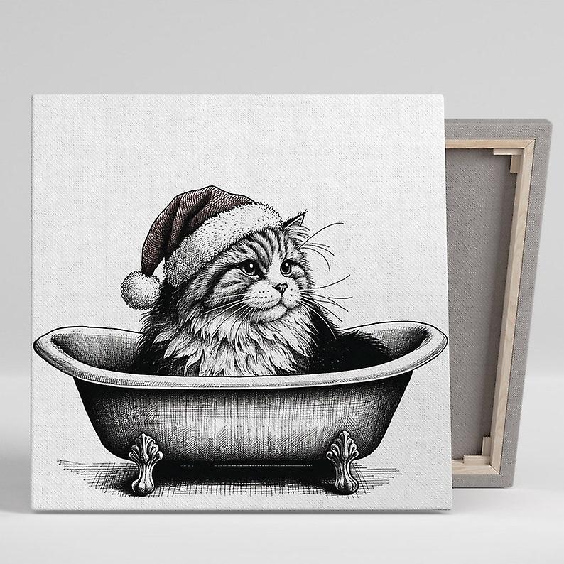 Katt i en tomteluva badkar, duk eller affisch, julkattkonst, kattsemester kul, katt julkonst, badrum inredning, badrum väggkonst-wahahaaa16