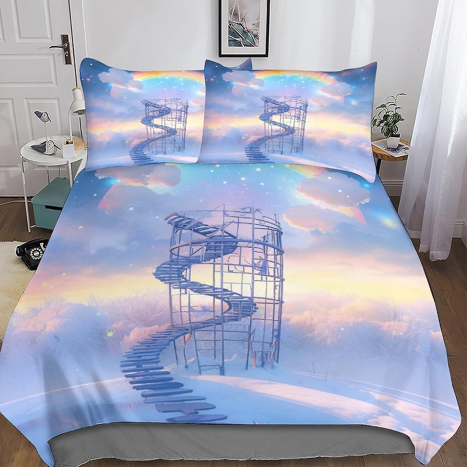 Regenbogen Treppe Bettbezug Set Weiche Mikrofaser Bettwäsche Set für Erwachsene Teenager Kinder 3-teiliges Set mit Reißverschluss für Heimdekoration Bunte Steppdecke
