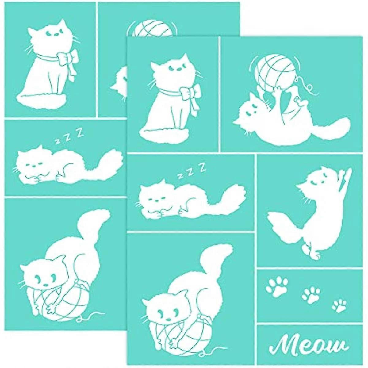 2PCS Self-Adhesive Silk Screen Printing Stencil Reusable Pattern Stencils Playing Cat for Painting on Wood Fabric T-Shirt Wall and Home Decorations-7.