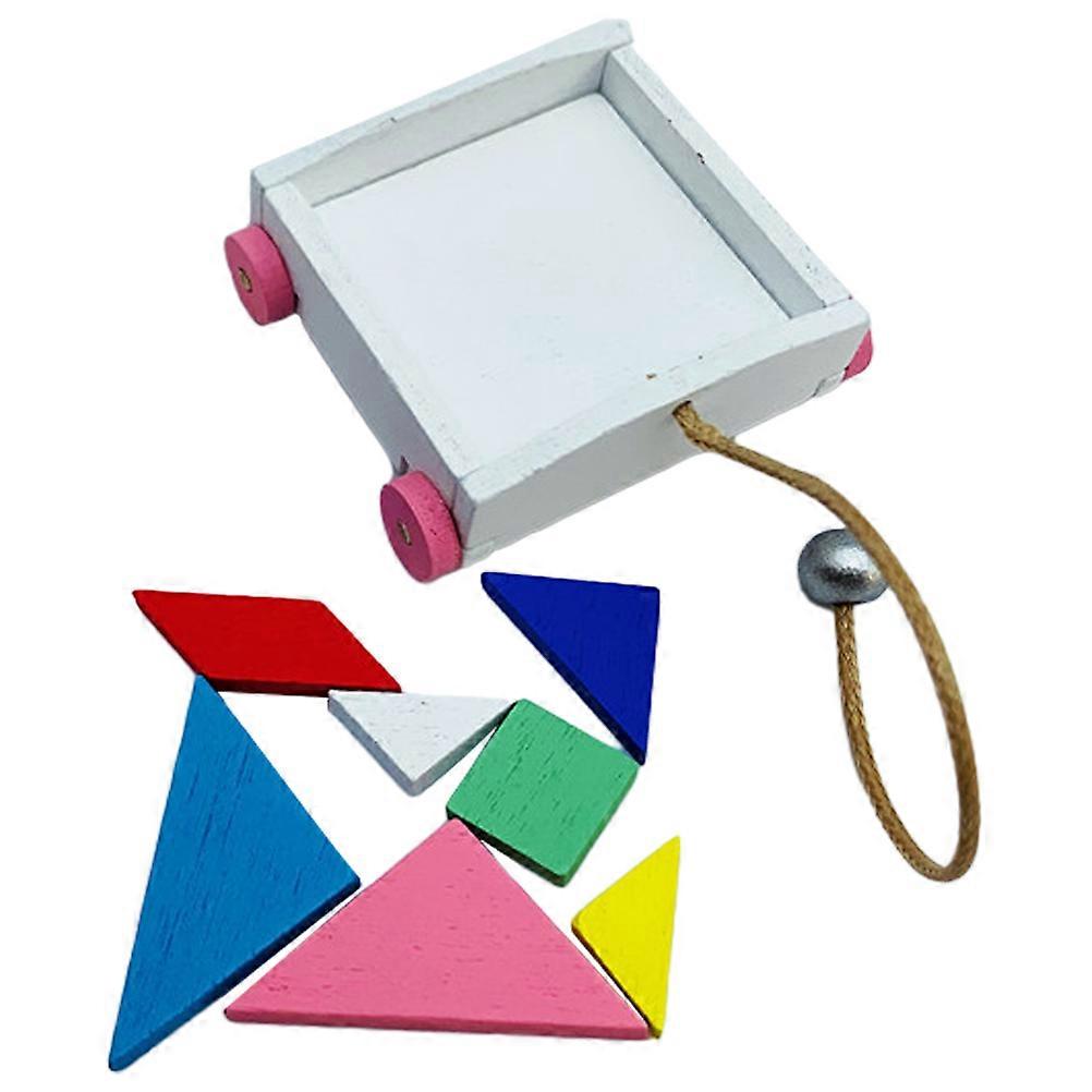 1 Set Miniature Cart with Tangram Puzzles Mini House Pull Cart Ornament Dollhouse Scene Accessory