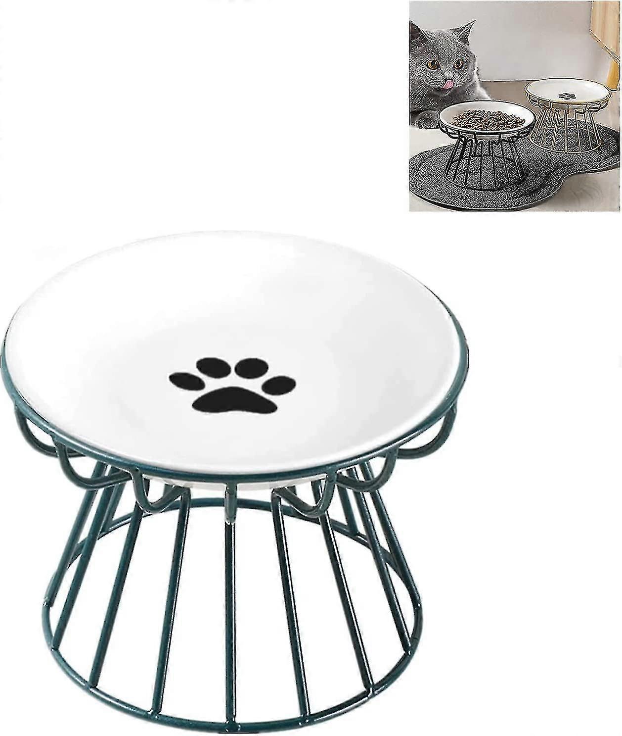 Bıyık dostu Anti-kusmuk Kedi Tabağı, yükseltilmiş Kase yükseltilmiş Seramik Kedi Kasesi, Metal Standlı, Gıda ve Su Kusma Önleyici Sığ Seramik Kedi Tabağı