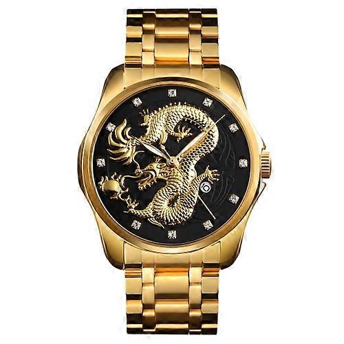 SKMEI 9193 Men Golden Dragon Pattern Calendar Dial Luminous Quartz Watch