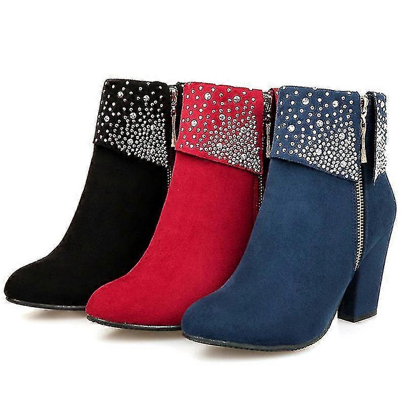 Botas Femininas de Inverno Nova Moda com Strass Chunky Heel Botas Curtas