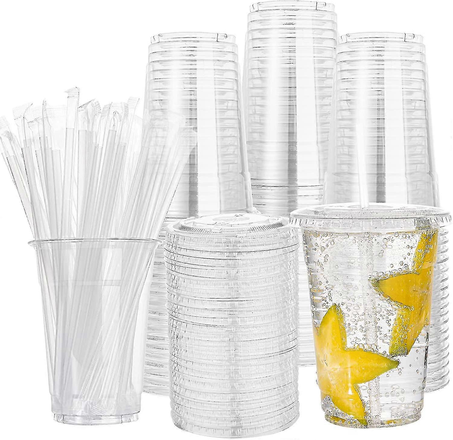 ふたとストロー付きの200セット16オンスプラスチックカップ、スムージー用の透明な使い捨てカップ、パーティー用の平らなスロット付き蓋付きのアイスコーヒーカップ-500ml