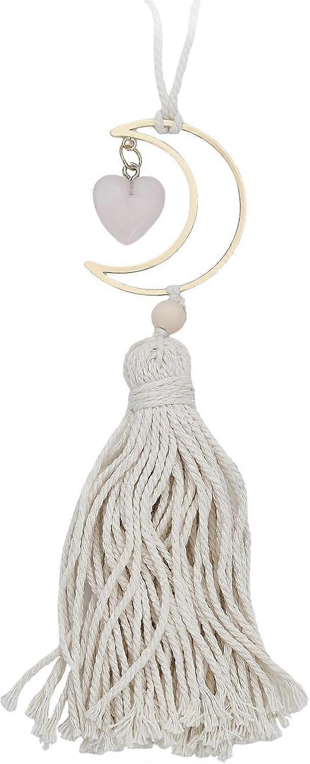 Handmade Crescent Moon Hanging Ornament Moon with Heart Rose Quartz Crystal Hanging Car Ornament Dangling Lunar Crystal Accessories Rearview Mirror De
