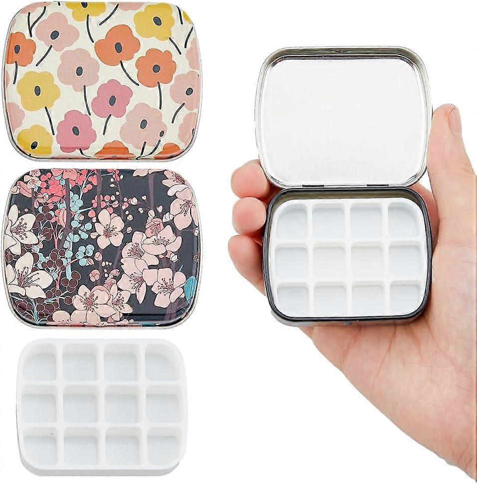 2Pcs Mini Watercolor Palettes Empty Watercolor Tins with Lid Rectangle Painting Tray Flower Pattern Paint Storage Container Multifunctional Art Suppli