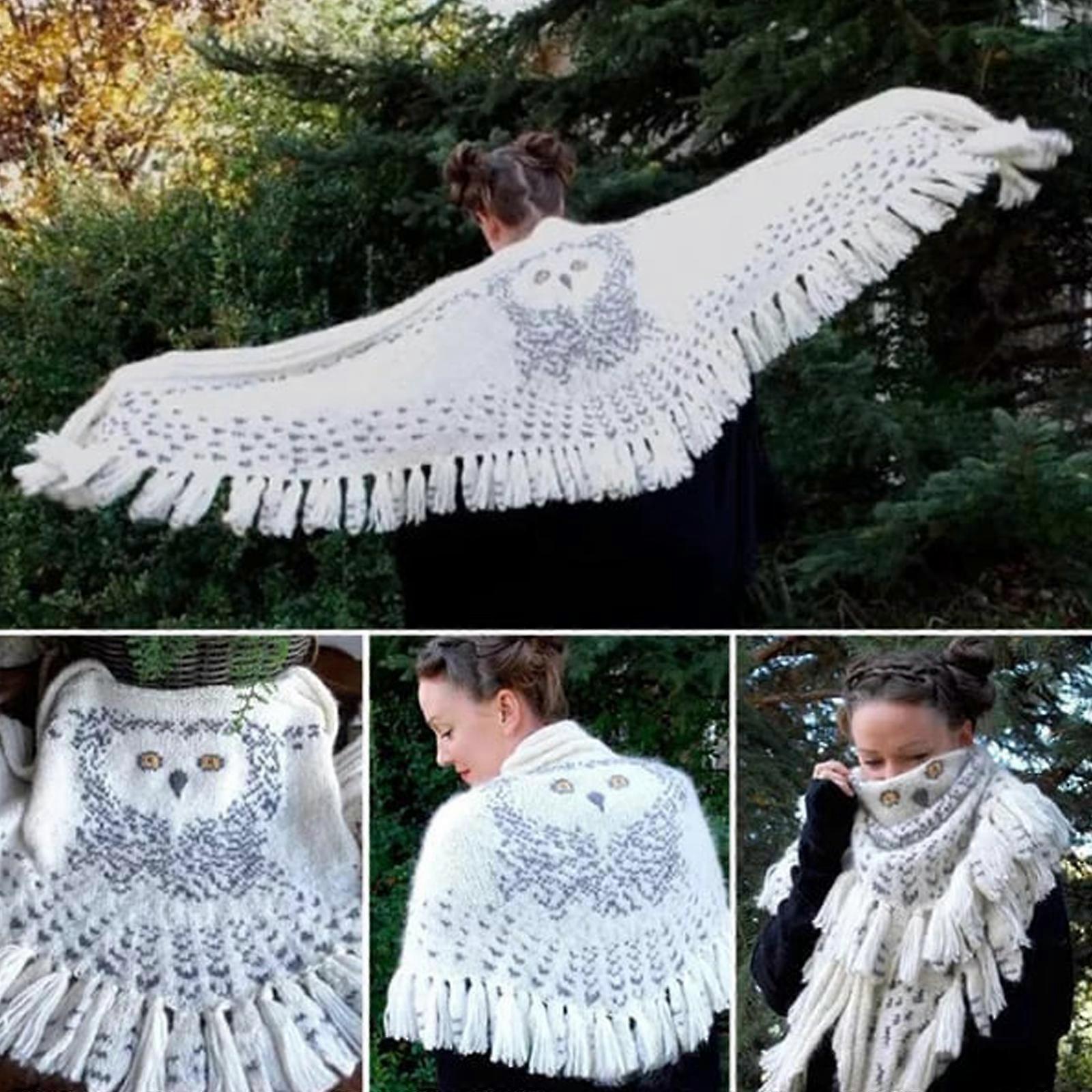 鳥の羽の翼が広く広がるレトロなフクロウのスカーフ-ニットのカシミヤは暑いと感じます