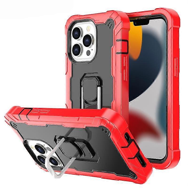 For Iphone 13 Pro Pc + Rubber 3-layers Shockproof Protective Case With Rotating Holder (black)