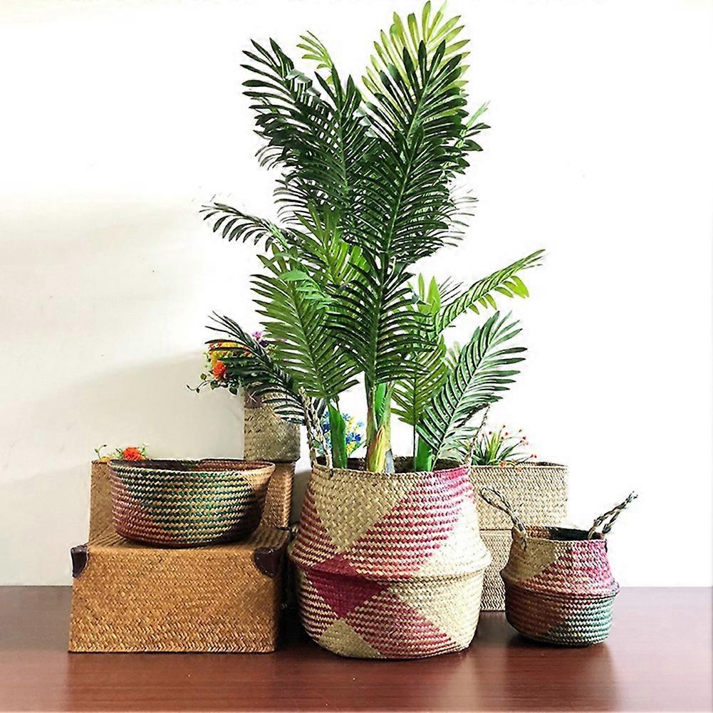 Folding Straw Wicker Storage Basket Handle Garden Flower Pot Planter Laundry Bag JIKAIX