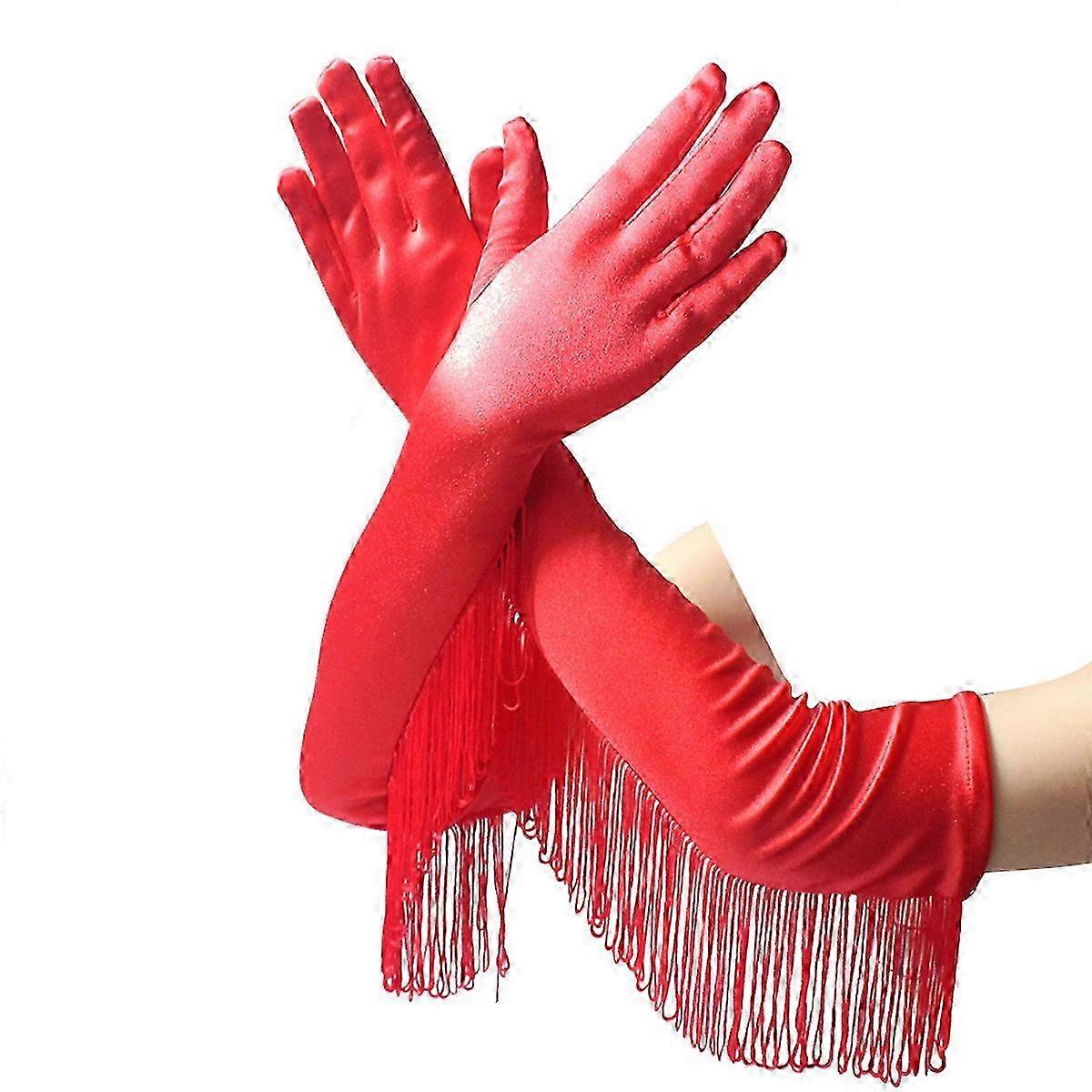 Women Fringed Long Satin Gloves Latin Dance Gloves for Performance Red