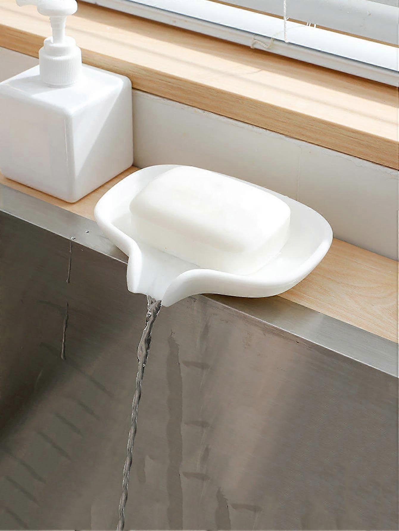 1pc Solid Soap Drain Dish, White Silicone Soap Holder, For Bathroom