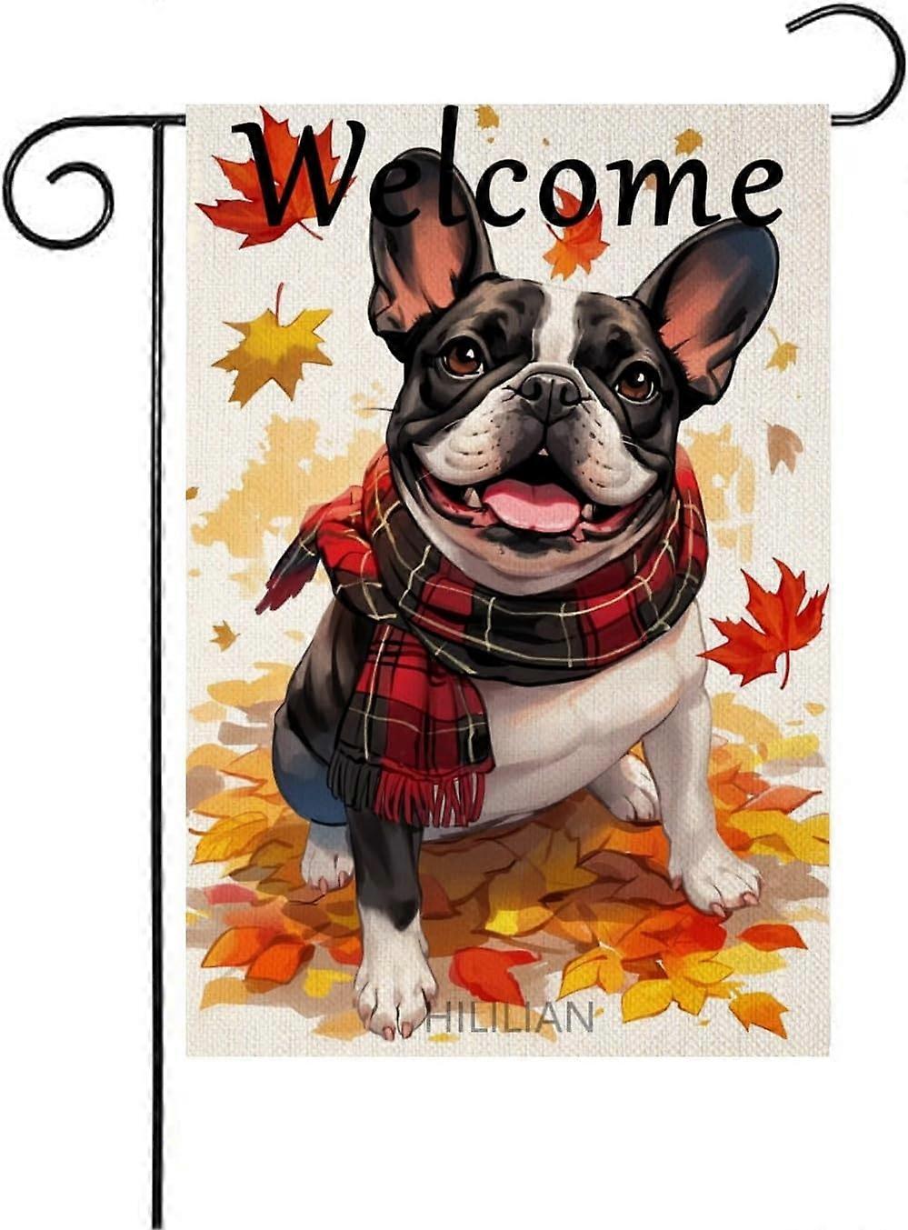 Bandeira de Jardim de Buldogue Francês de Outono de 12x18 Polegadas de 12x18 Polegadas, Pequena Folha de Bordo Outono para Cães 