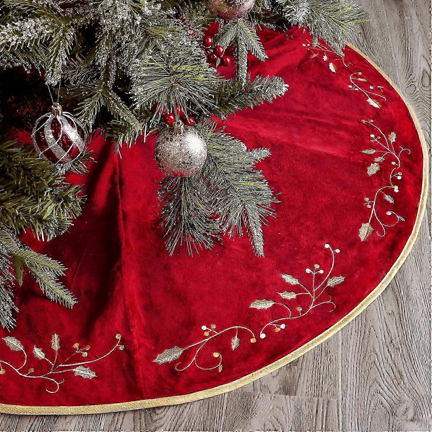 SBSG Christmas Tree Skirt, 48 inches Red Luxury Velvet Plush Fur Skirts with Gold Embroidered Holly Leaf for Rustic Xmas Tree Holiday Decorations